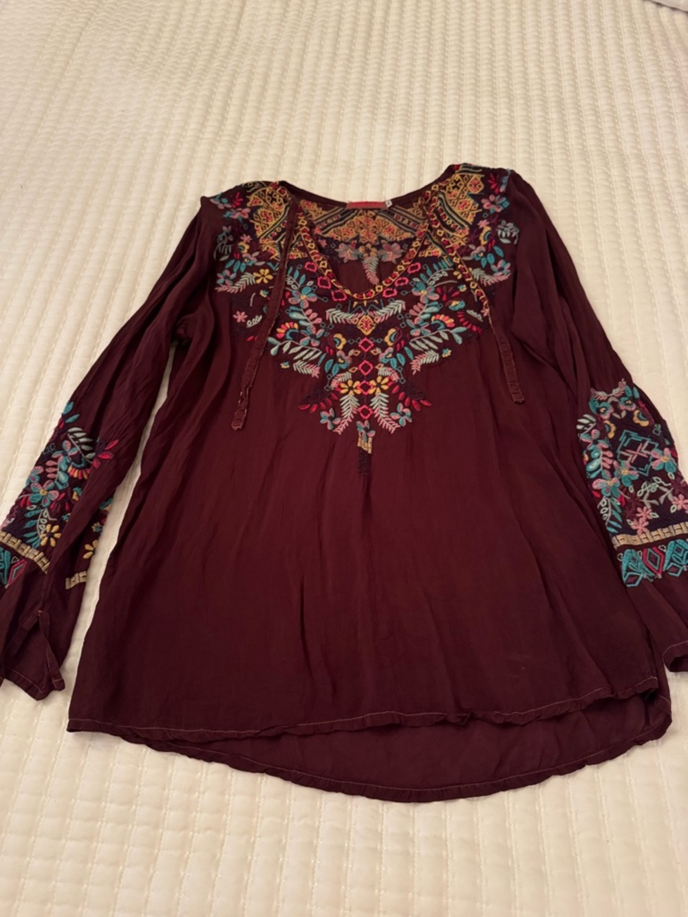 Johnny Was Burgundy Embroidered V-Neck Tunic